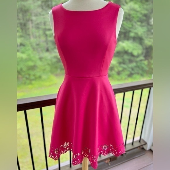 Cynthia Rowley 💵 Fit & Flare Size 4 Barbie Pink Dress w/ Pockets Scalloped Hem - Picture 13 of 13